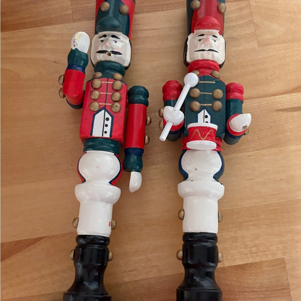Vintage Pair Of Wooden Nutcracker Toy Soldiers  10” Christmas Candle Holders